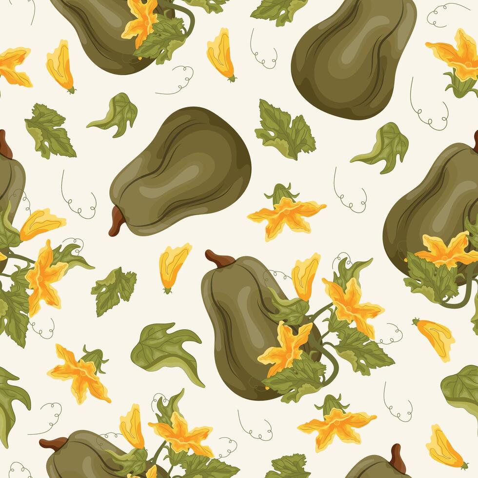Seamless pattern with long green pumpkins and green tops with yellow flowers and green leaves arranged randomly next to each other, for autumn print, textile or packaging vector