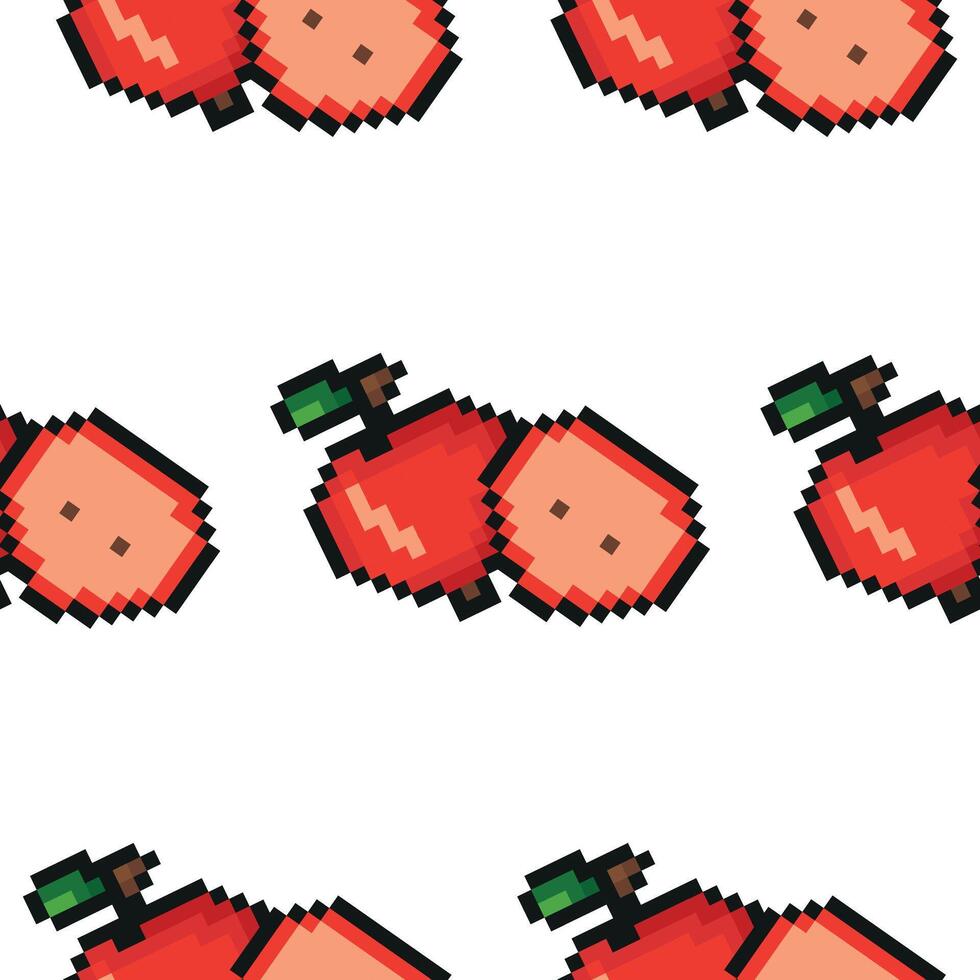 pixel art garden fruit pattern, namely apple icons, retro 8-bit graphics style with visible square pixels and minimal color palette vector