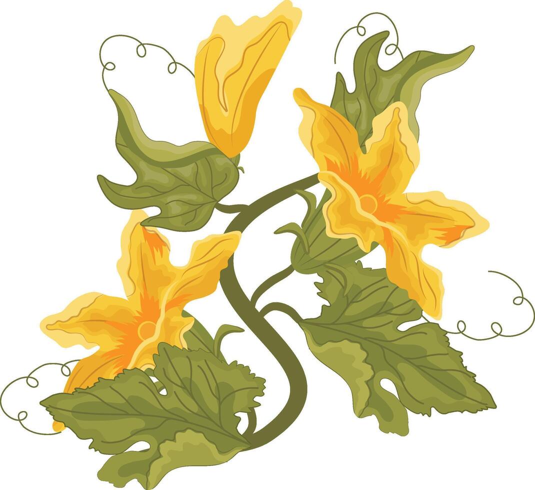 flat icon of a sprig of pumpkin tops with green, twisted leaves and yellow pumpkin blossoms, for autumn printing, textiles or packaging vector