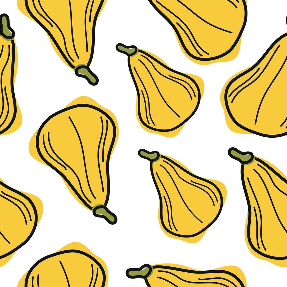 seamless pattern with cute simple icon of long, yellow pumpkins in cartoon doodle style arranged randomly, for autumn holidays, advertising and seasonal packaging vector