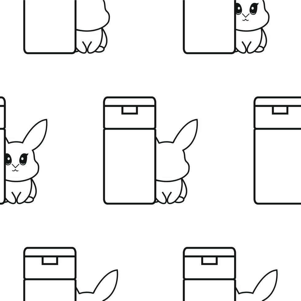 pattern of two simple black and white checkmark icons with rectangular cosmetic tubes with rabbits next to them, signifying that cosmetic products are not tested on animals vector