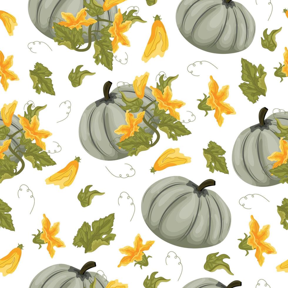 Seamless pattern with round green pumpkins and green tops with yellow flowers and green leaves arranged randomly next to each other, for autumn print, textile or packaging vector