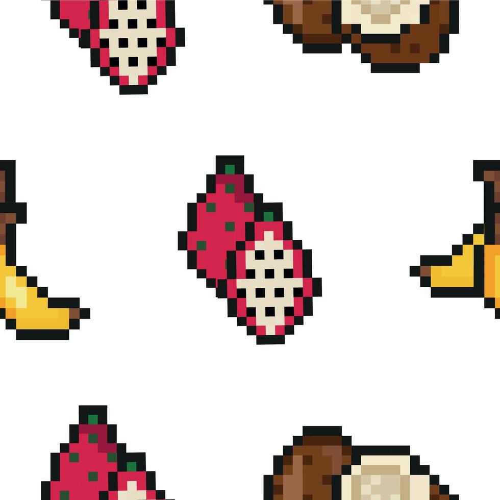 pattern of three exotic fruit icons in pixel art style, namely banana, coconut and dragon fruit icons, retro 8-bit graphics style with visible square pixels and minimal color palette vector