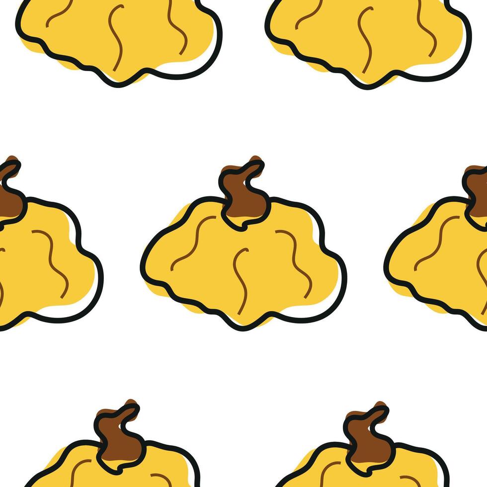 pattern with cute simple icon of round, yellow pumpkin in cartoon doodle style, for autumn holidays, advertising and seasonal packaging vector