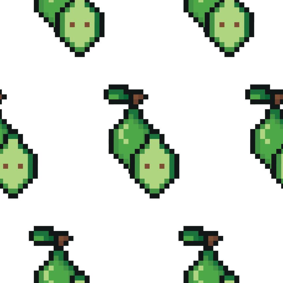 pattern with garden fruit in pixel art style, namely a green pear icon, retro 8-bit graphics style with visible square pixels and a minimal color palette vector