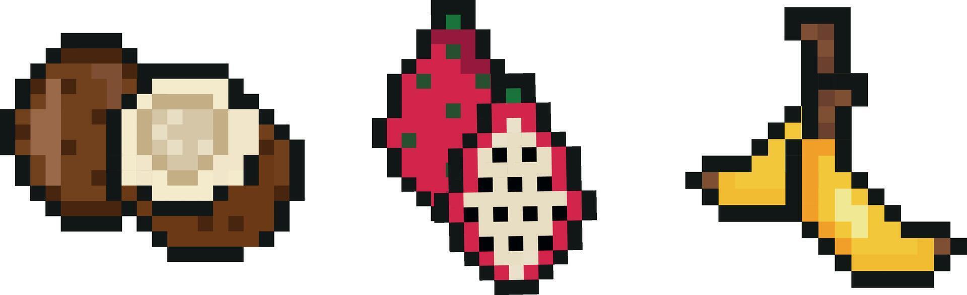 set of three exotic fruit icons in pixel art style, namely banana, coconut and dragon fruit icons, retro 8-bit graphics style with visible square pixels and minimal color palette vector