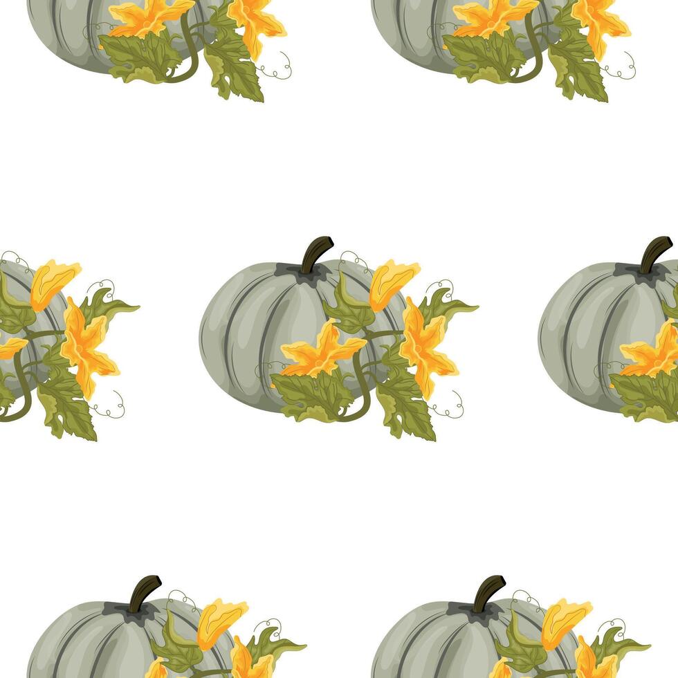Pattern with round green pumpkin and green tops with yellow flowers and green leaves next to it, for autumn print, textile or packaging vector