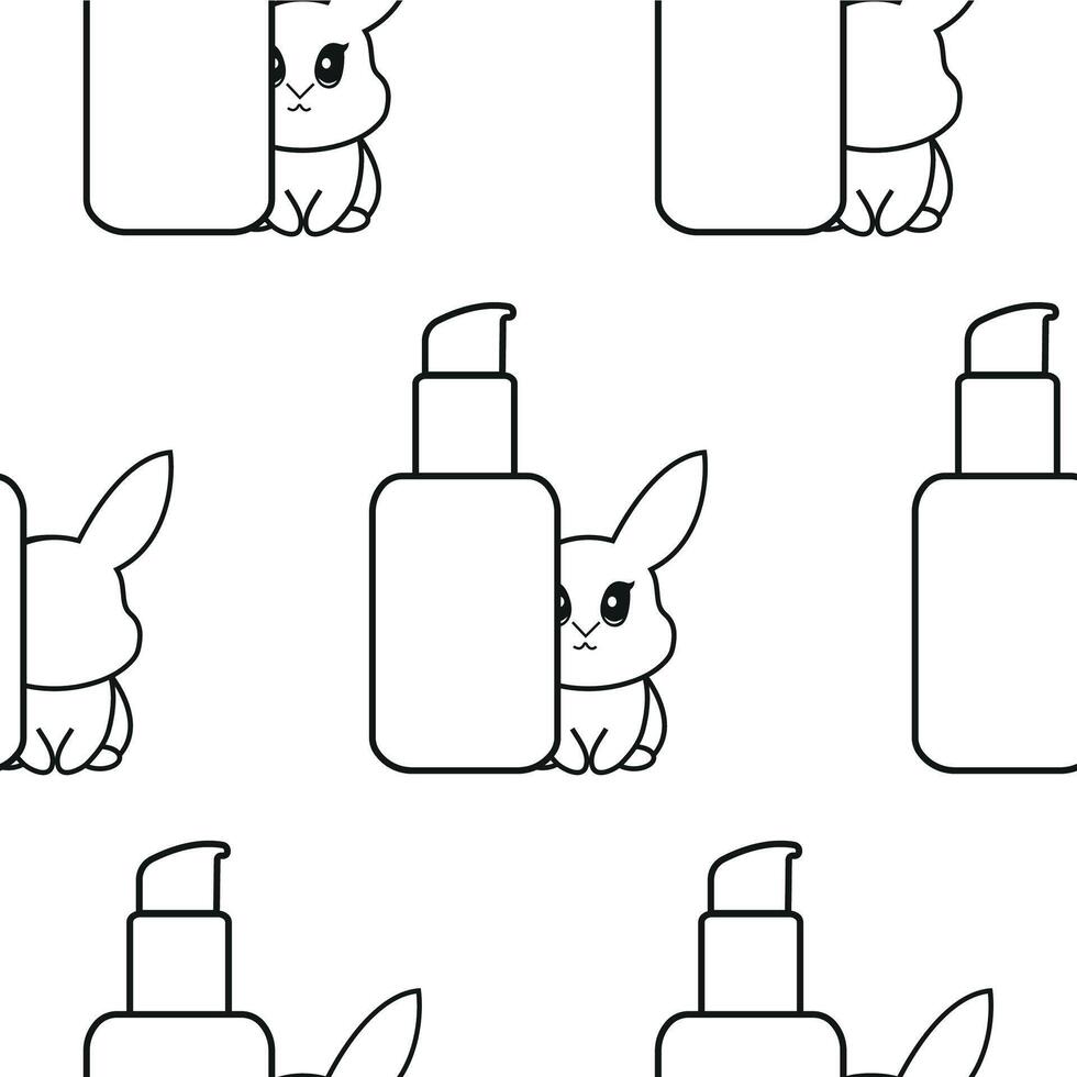 pattern of two simple black and white checkmark icons with a bottle with a dispenser and rabbits next to it, meaning that cosmetic products are not tested on animals vector