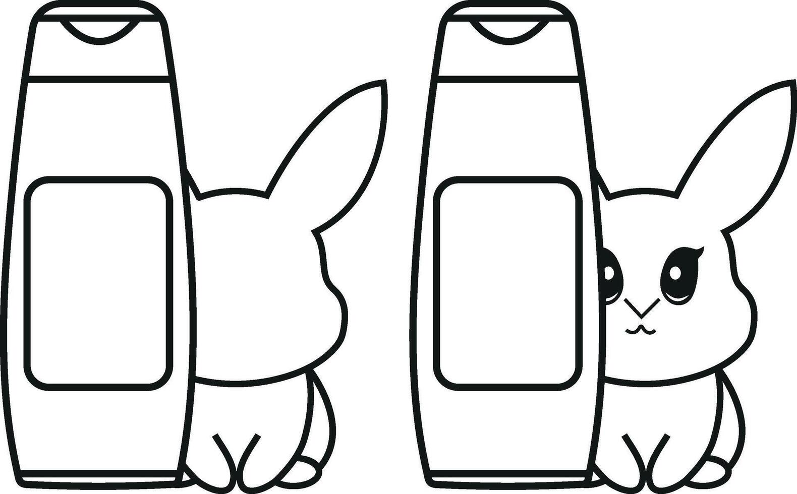 set of two simple black and white checkmark icons with a long cosmetic jar with rabbits next to it, meaning that the cosmetic products are not tested on animals vector