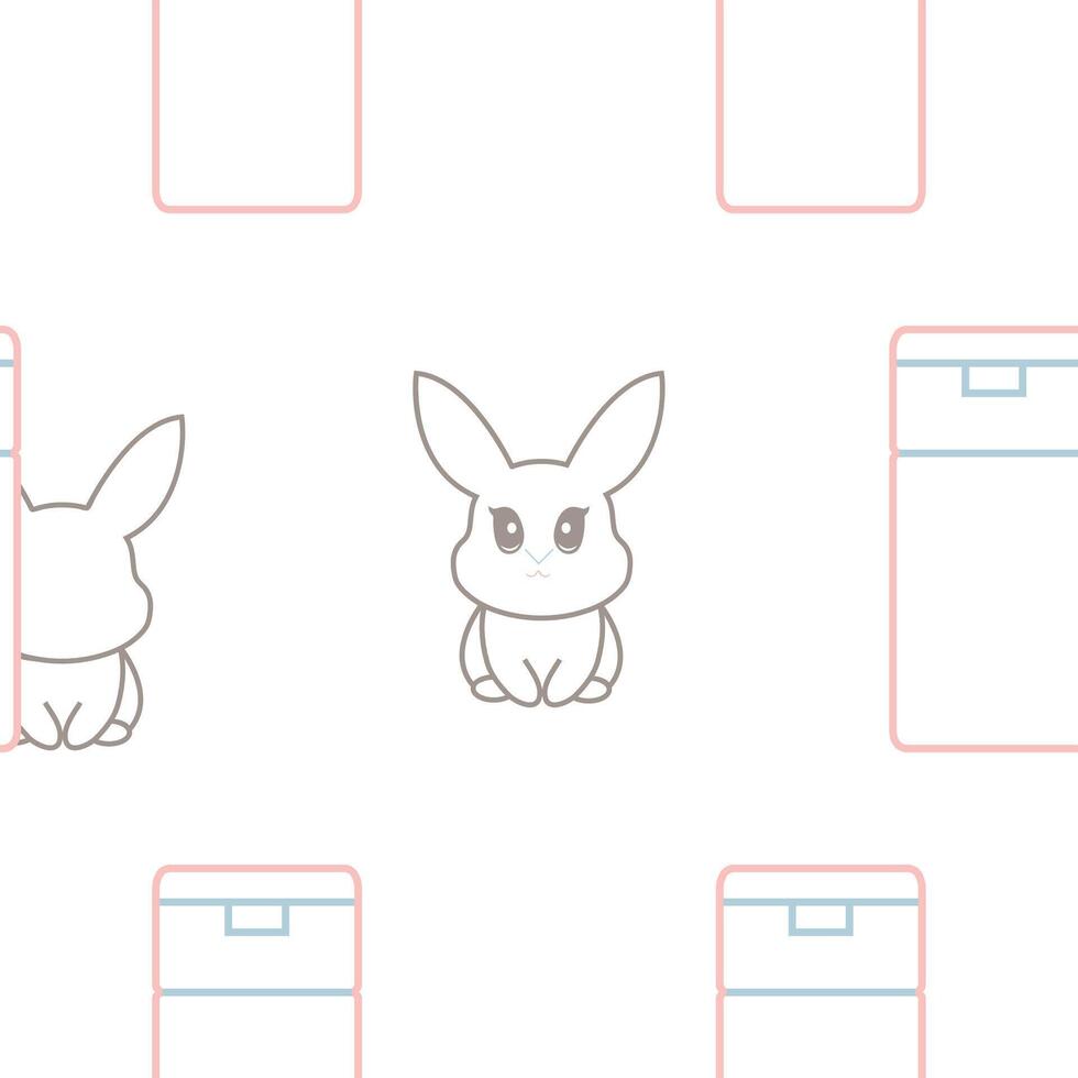 pattern of two simple colored checkmarks with rectangular cosmetic tubes with rabbits next to them, meaning that cosmetic products are not tested on animals vector