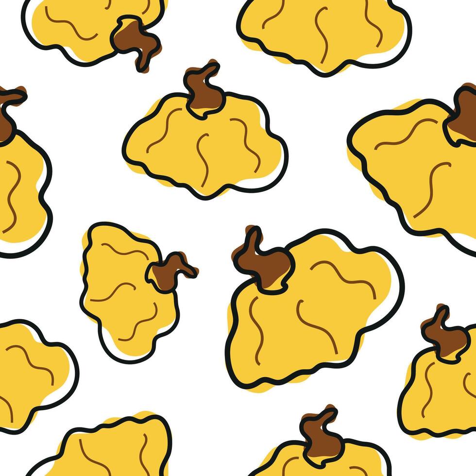 seamless pattern with cute simple icon of round, yellow pumpkins in cartoon doodle style arranged randomly, for autumn holidays, advertising and seasonal packaging vector