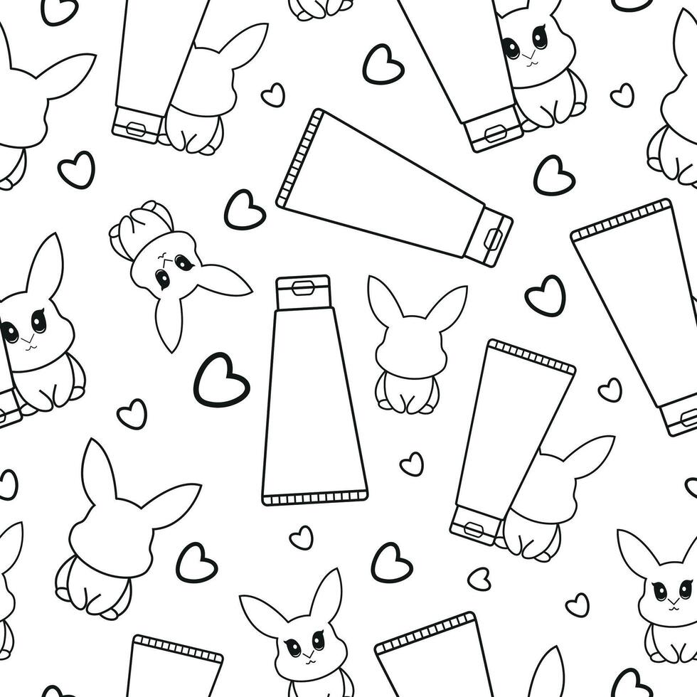 pattern of two simple black and white checkmarks with a tube of cream with rabbits next to it, meaning that cosmetic products are not tested on animals vector