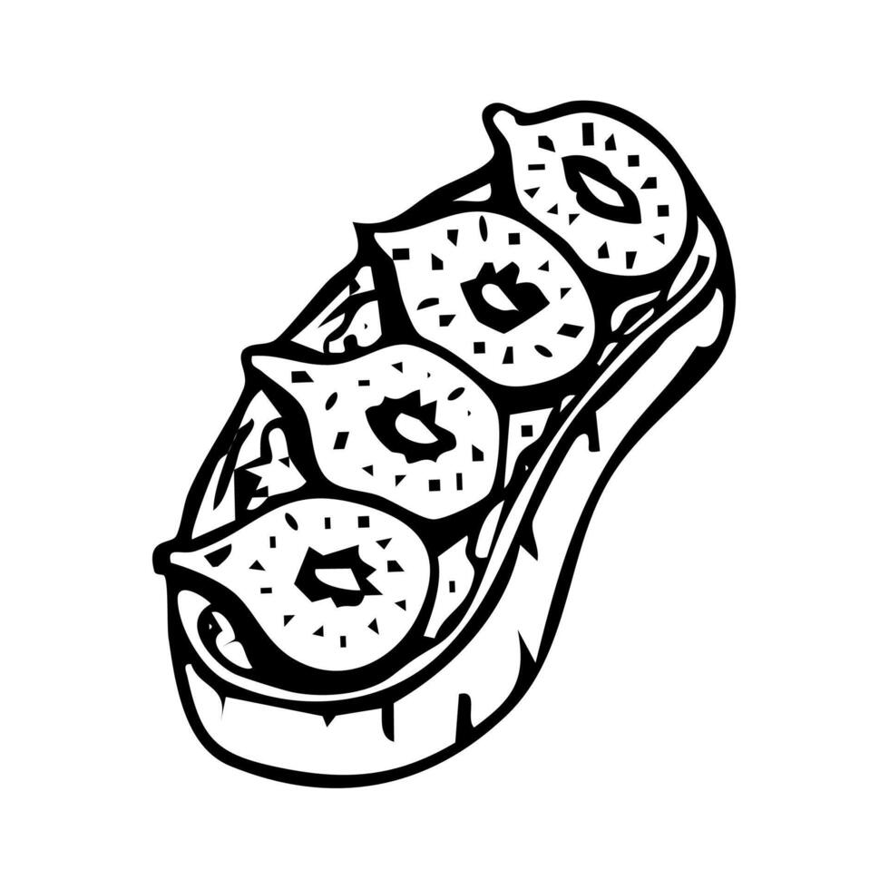 Fig bruschetta on a crouton with pate drawing, party snack food sketch. Restaurant and cafe menus decoration. illustration. vector