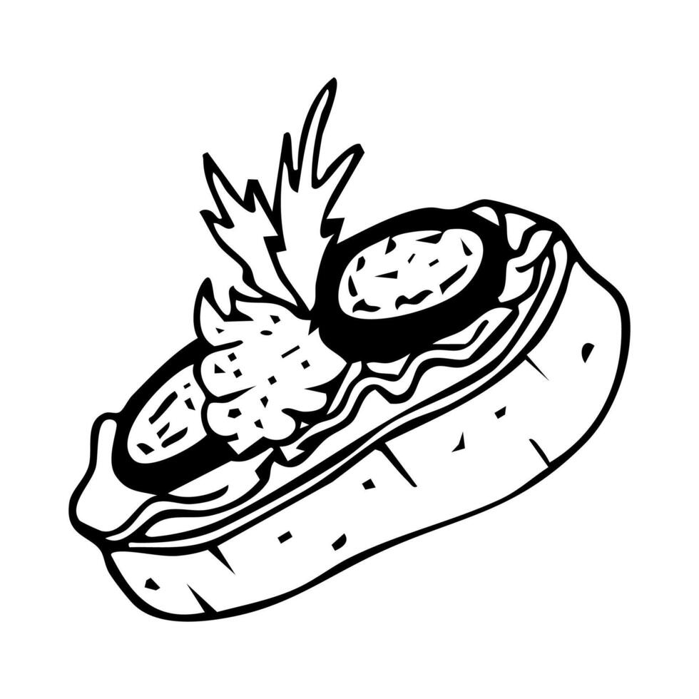 A bruschetta on a crouton with eggplants and pate drawing, party snack food sketch. Restaurant and cafe menus decoration. illustration. vector