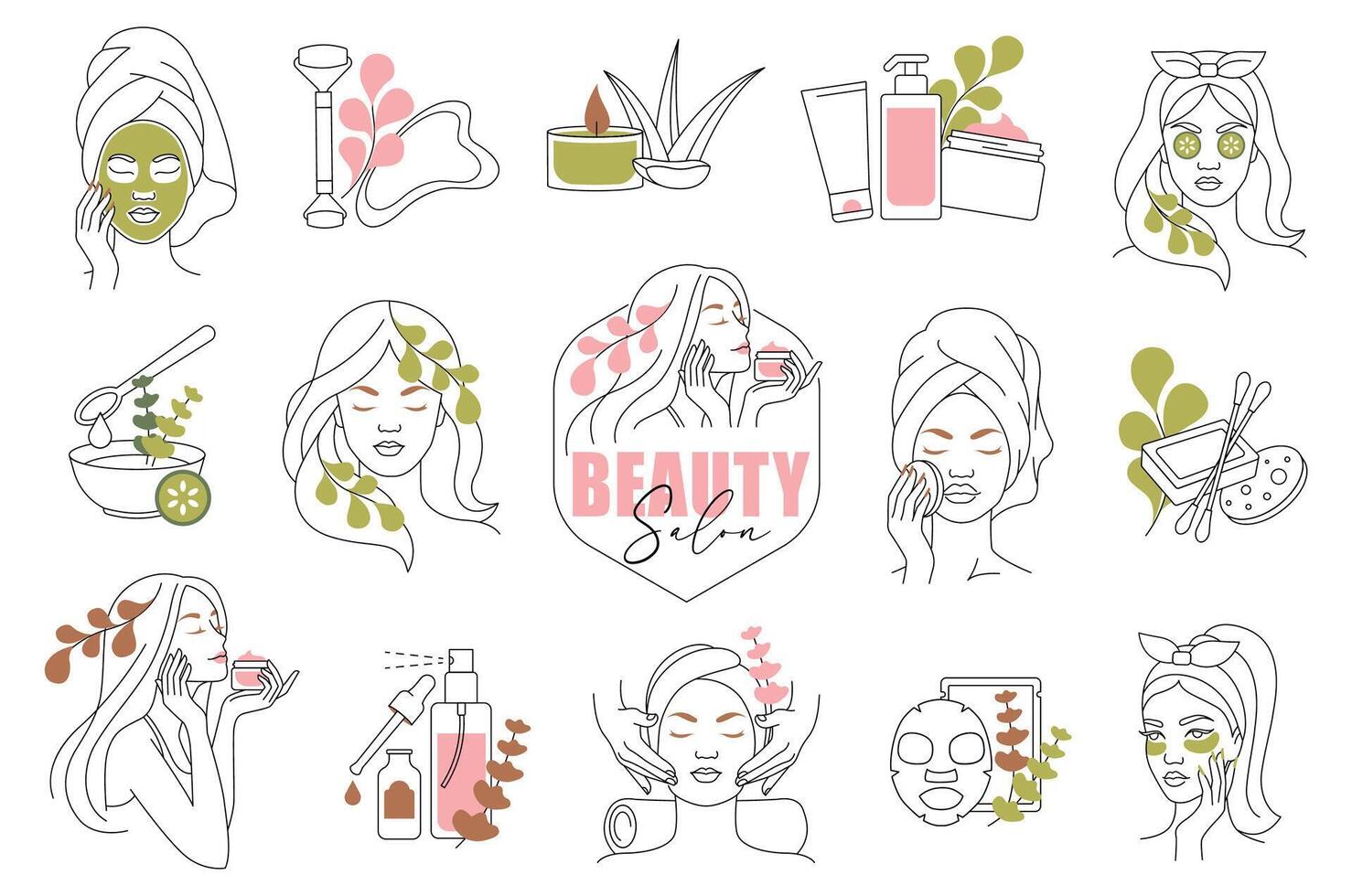 Line Art Facial Care and Spa Elements. Icons for Logo and Branding vector