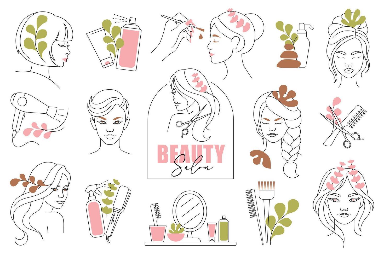 Hair and Face Branding Elements. Line Art Icons for Beauty Logos vector