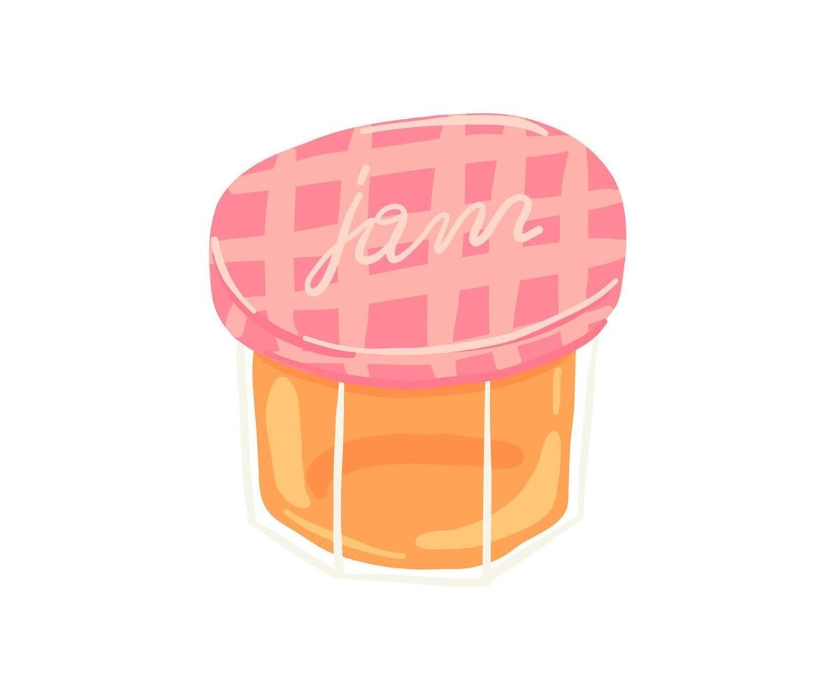 Cute hand-drawn jar of jam with a pink lid. Bright and sweet illustration perfect for food-related designs, breakfast concepts, or organic product labels vector