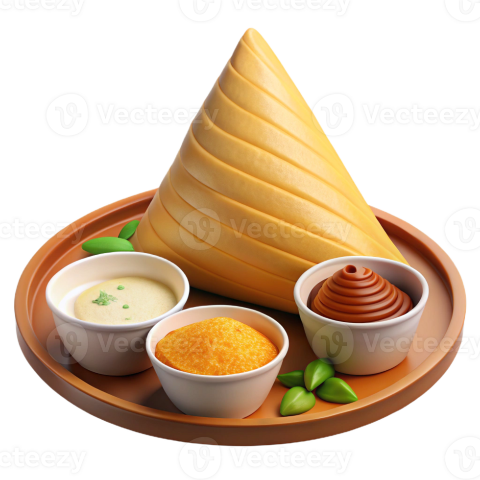 Delicious 3D Cartoon Cone-Shaped South Indian Masala Dosa with Chutneys and Sambar png