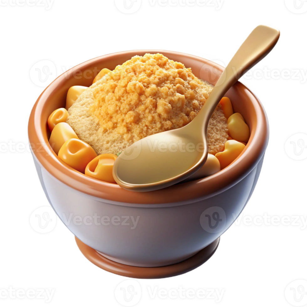 Delicious 3D Cartoon Baked Macaroni and Cheese Bowl Topped with Golden Breadcrumbs png