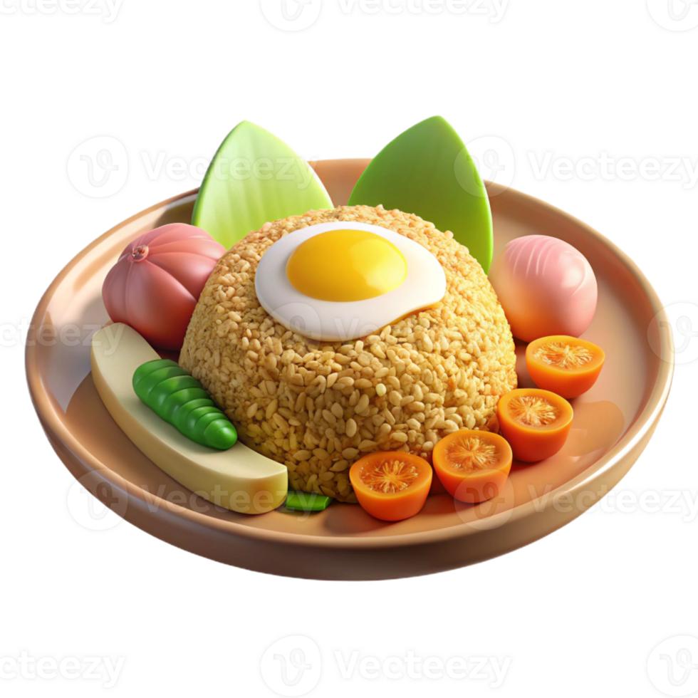 3D Rendering Delicious Fried Rice Topped with Sunny Side Up Egg and Vegetables png