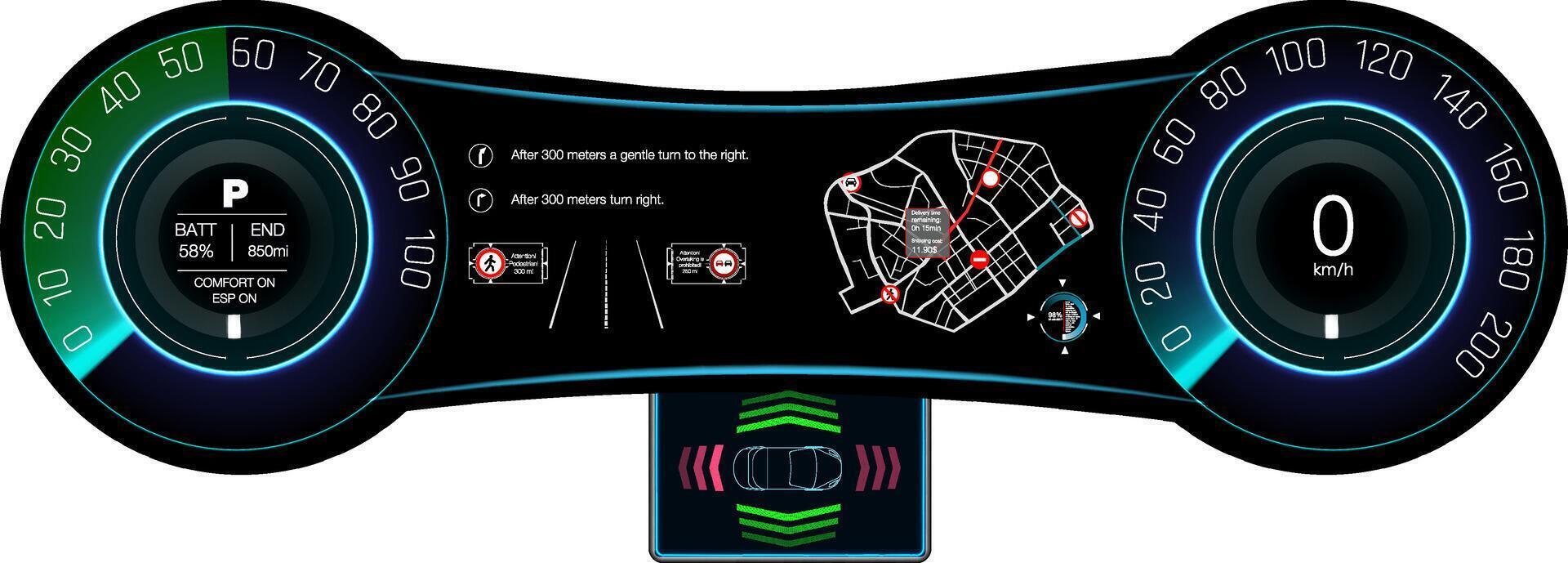 Modern car dashboard display showing navigation and performance metrics during a daytime drive. vector
