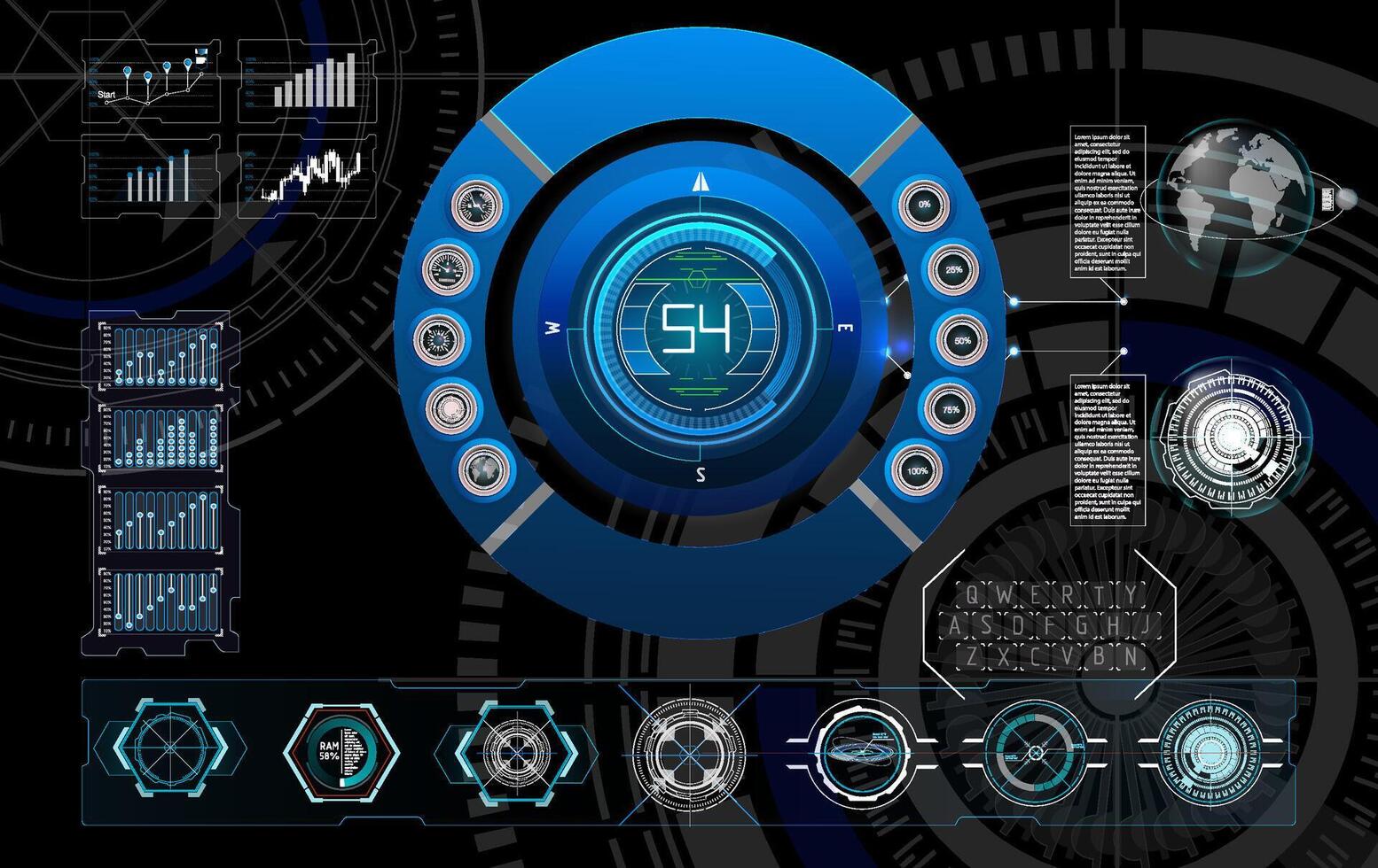 High-tech digital interface displaying data metrics and analytics for real-time monitoring and analysis. vector