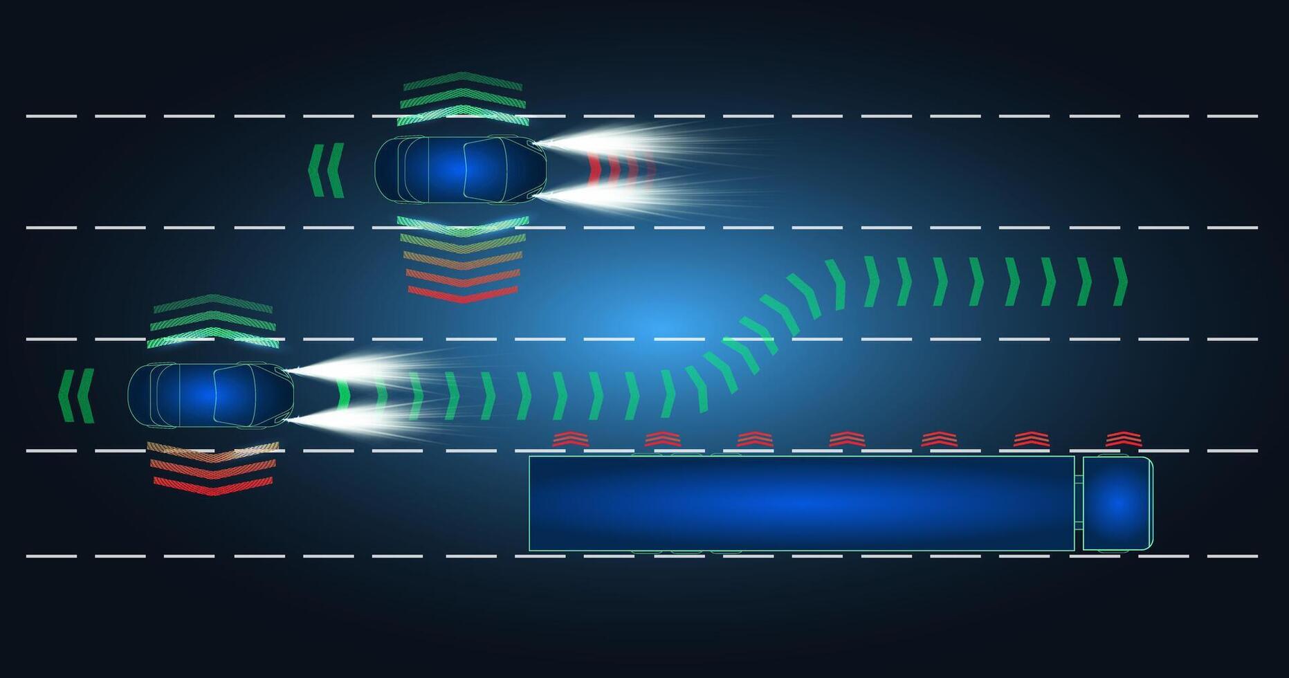Devices assisting automated vehicles in lane change maneuver near a truck on a highway at night. vector