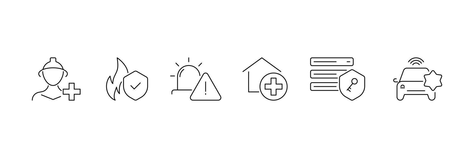 Set of public services lined icon collection. Healthcare, emergency services, utilities symbol. vector