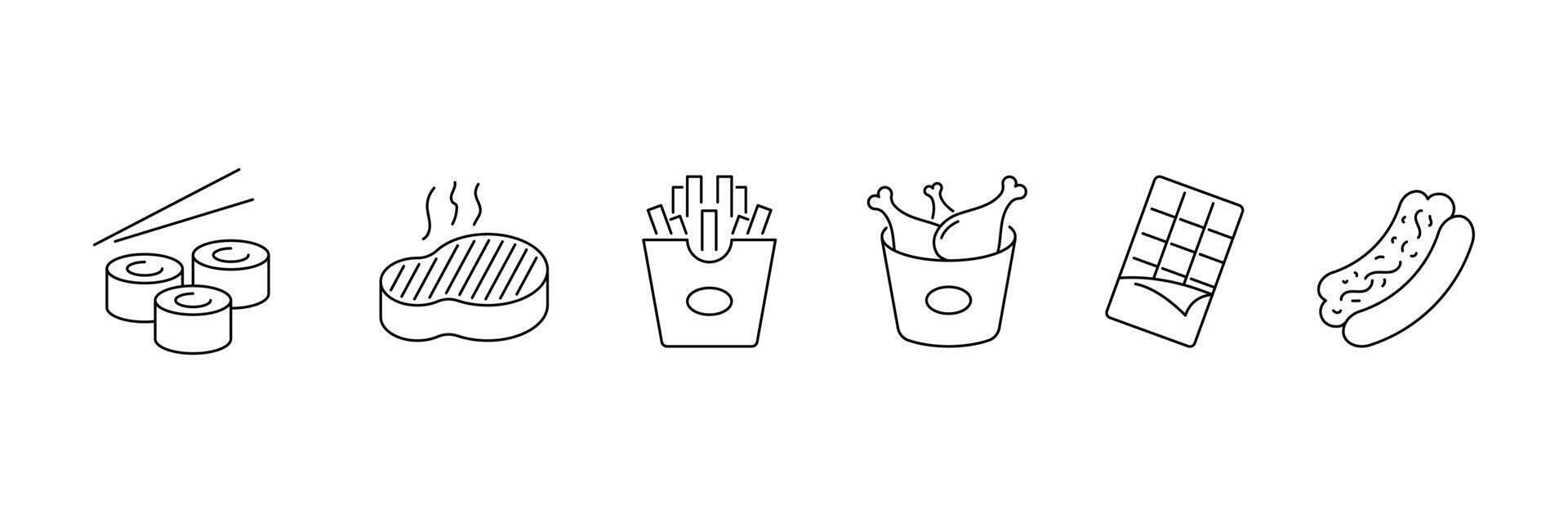 Set of Fast food lined icon collection. burger, pizza, , donut, kabab, sausage, burrito symbol. vector