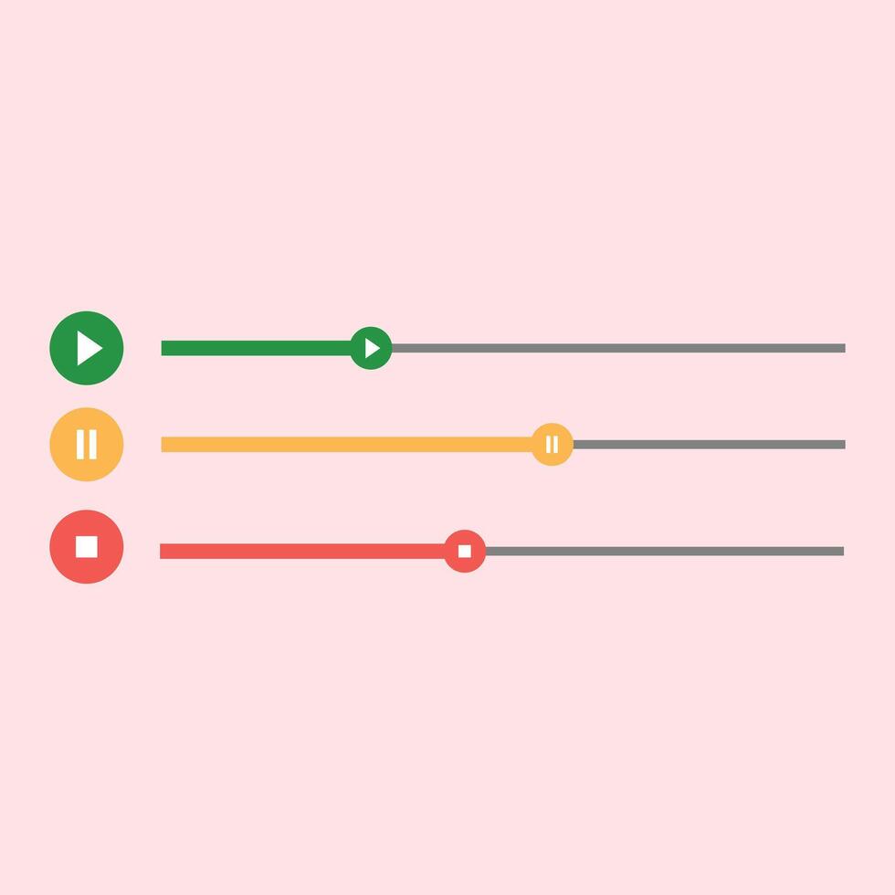 Set of media player buttons. Illustration of play, pause, and stop buttons with colored progress lines, suitable for media player interfaces, music apps, or modern and simple UI vector
