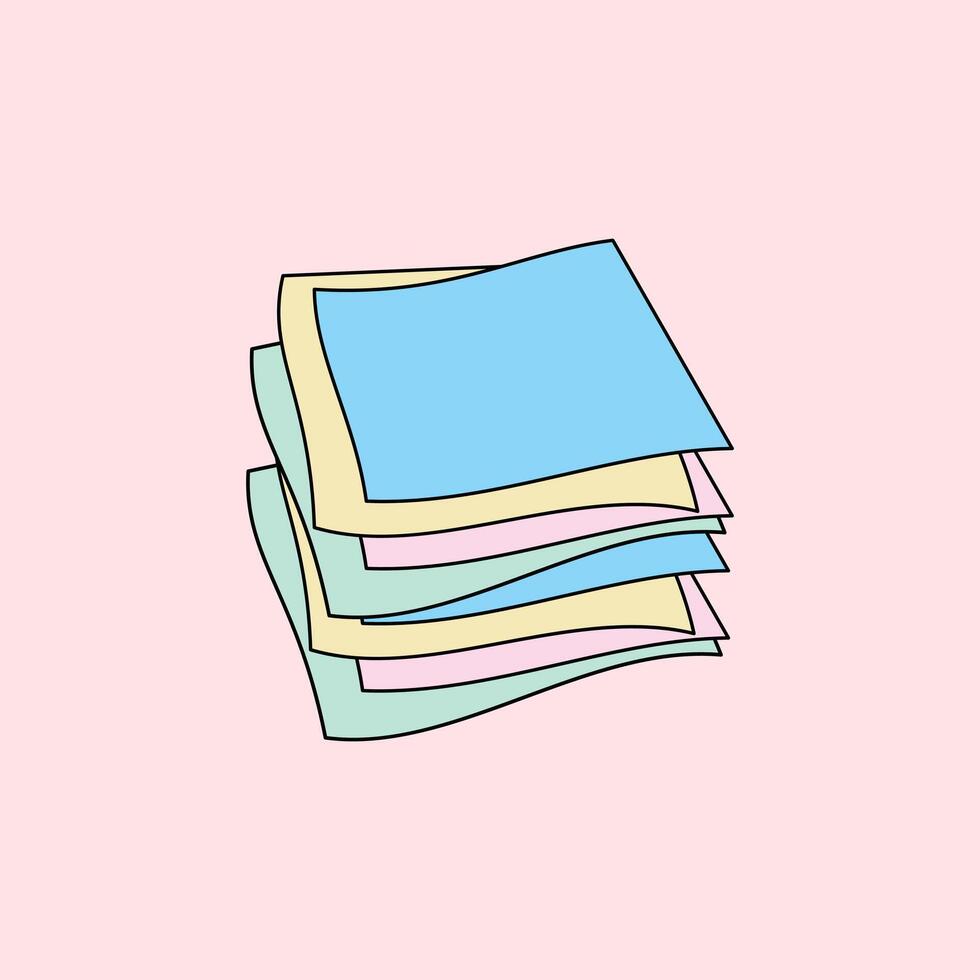 Illustration of a stack of pastel blue, yellow, pink and green colored paper on a light pink background. Suitable for educational, administrative, note or digital stationery design vector