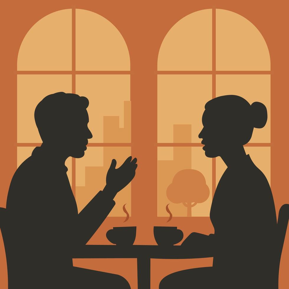 Couple talking over coffee silhouettes vector