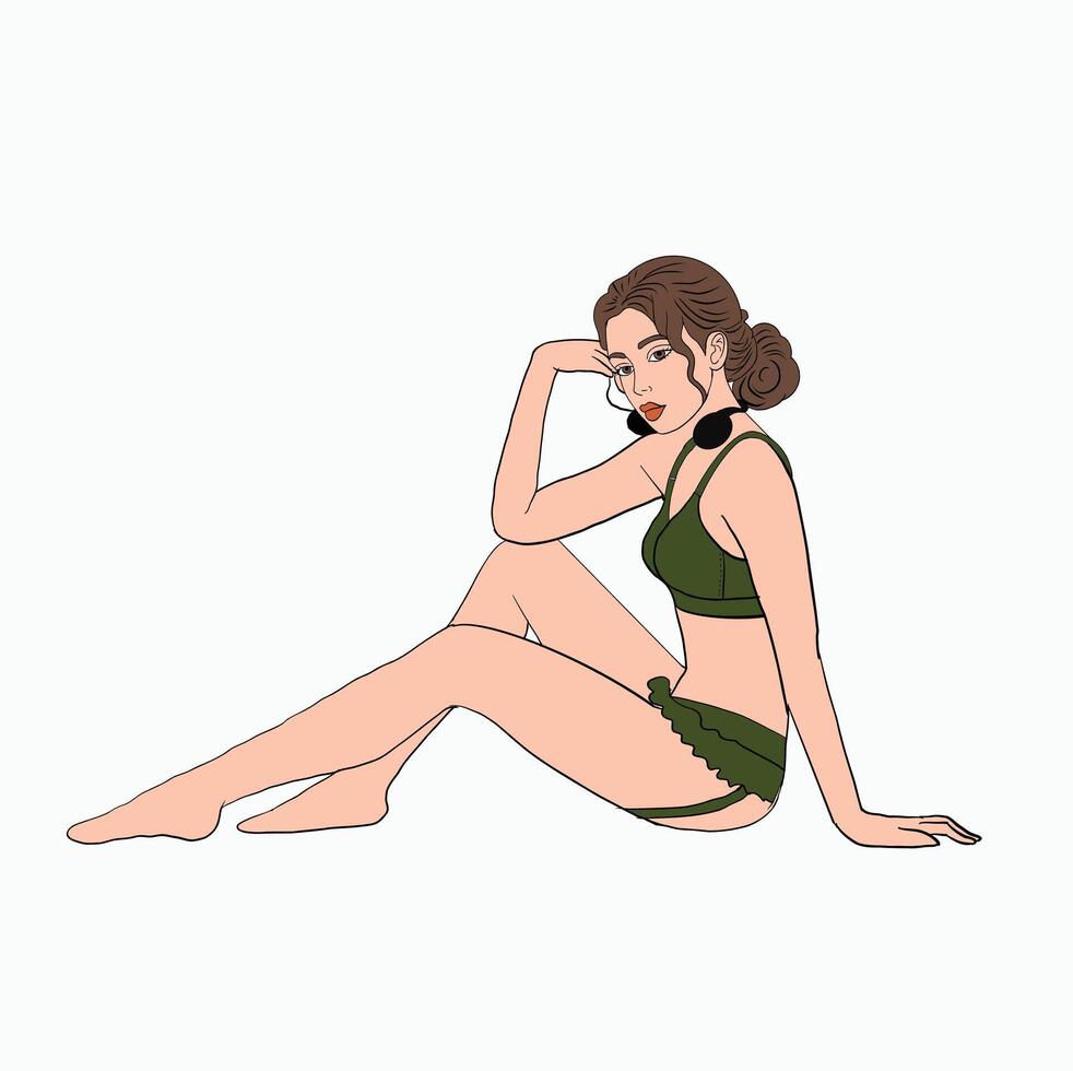 Woman in Green Bikini Lounging. Relaxed Woman in Swimwear. Beautiful Woman Posing in Swimsuit. Cartoon Style Illustration vector