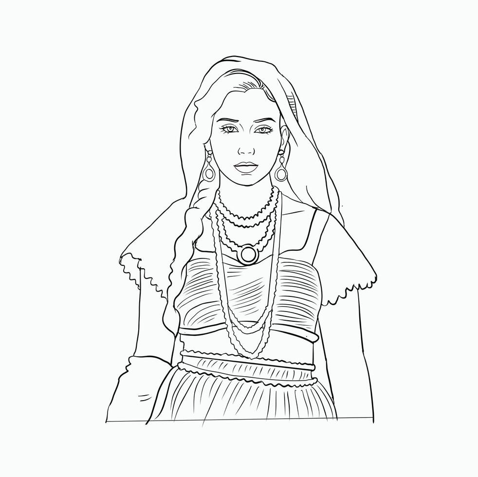 black and white line. Indian Woman in Traditional Attire. Beautiful Indian Girl. Traditional Indian Beauty Portrait of an Indian. Cartoon Style Illustration vector