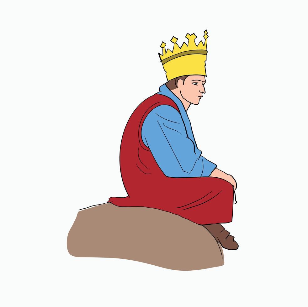 Pensive King. Meditating Monarch. Solitary King. Thoughtful Ruler. Cartoon Style Illustration vector