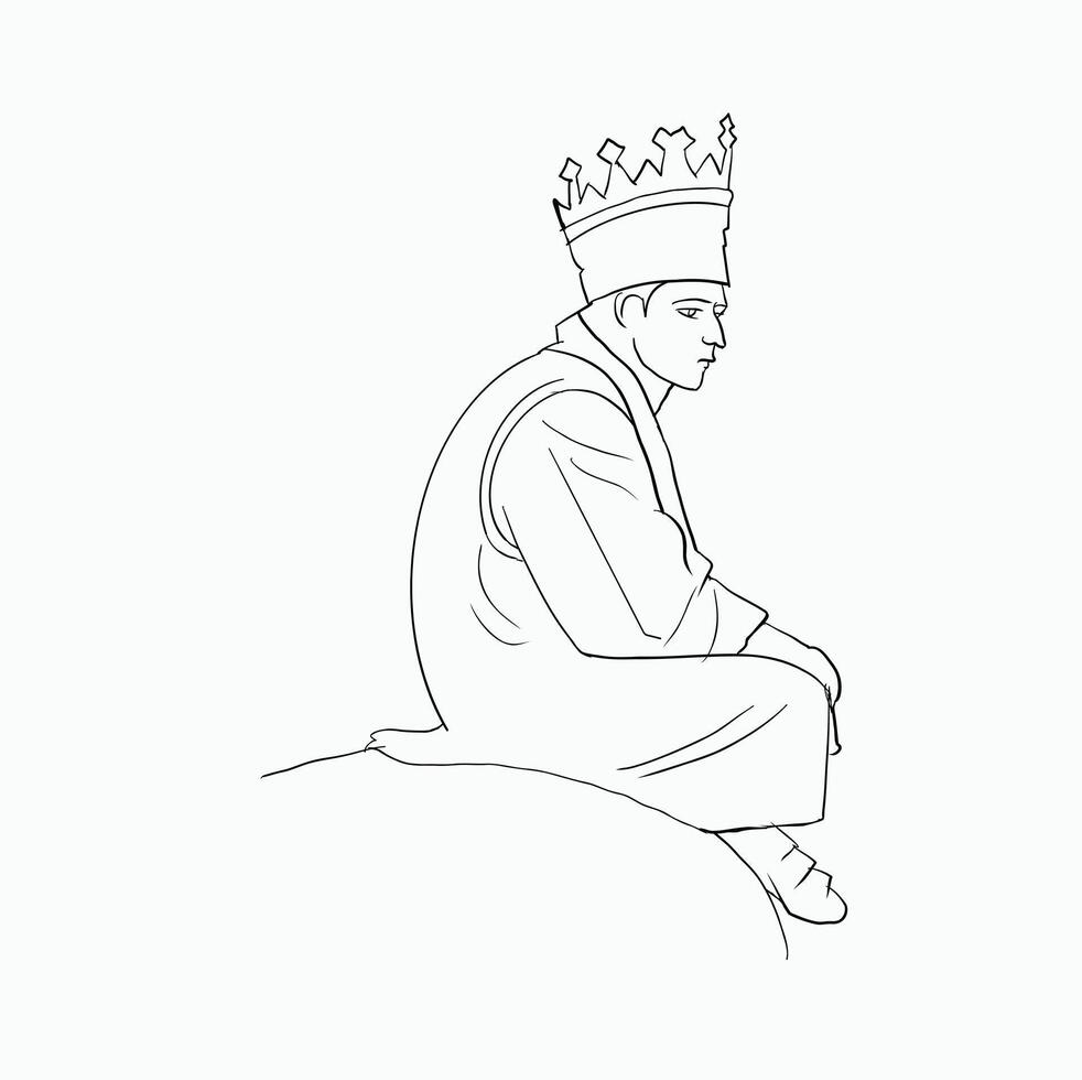 black and white line. Pensive King. Meditating Monarch. Solitary King. Thoughtful Ruler. Cartoon Style Illustration vector