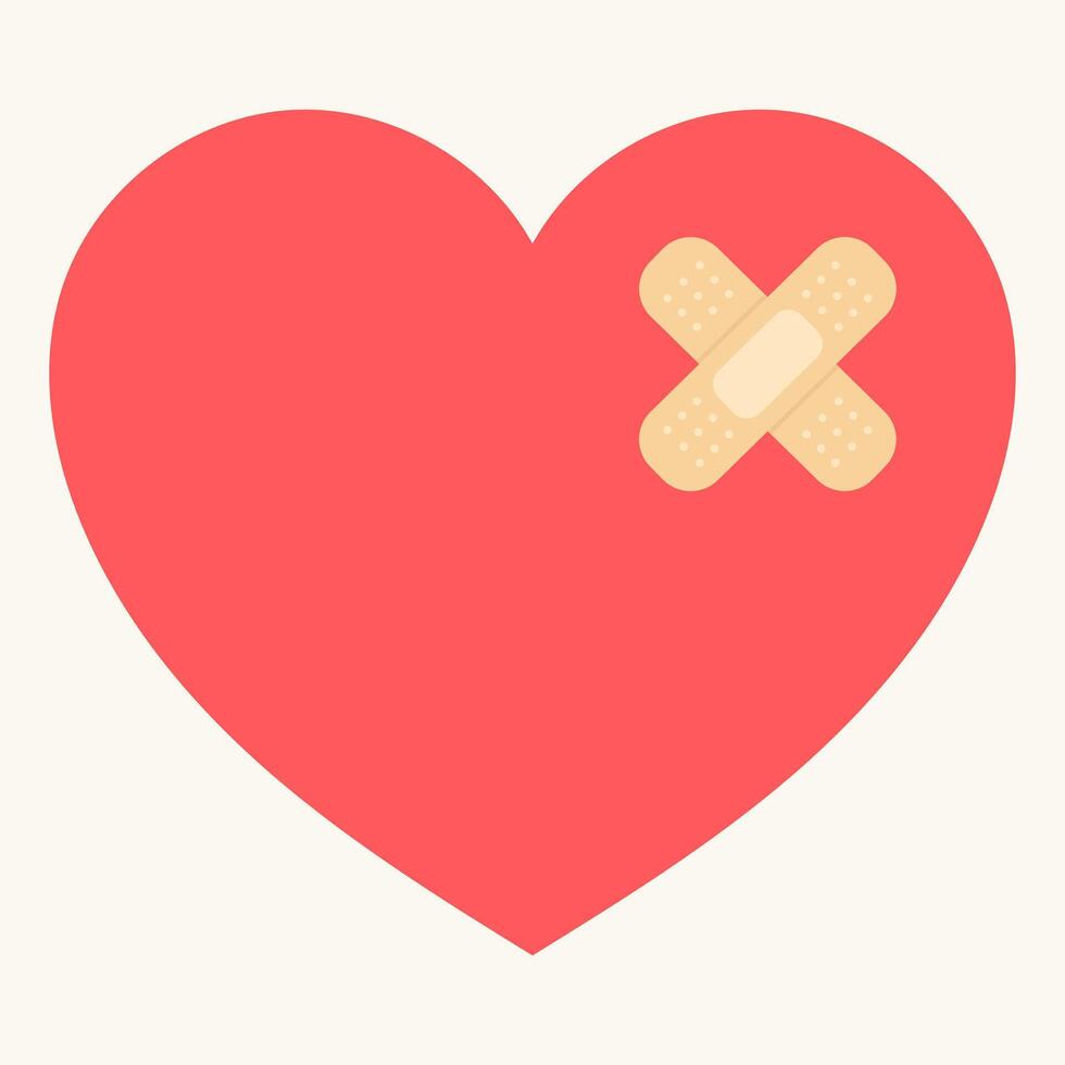 A red heart with an adhesive plaster. Symbolizes heartbreak, emotional healing, getting over a breakup, love hurts, and self care vector