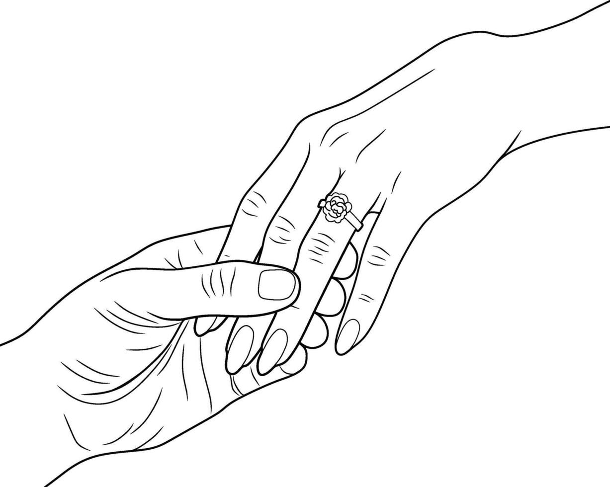 Line Art of Romantic Engagement Ring Moment - Couple Holding Hands vector