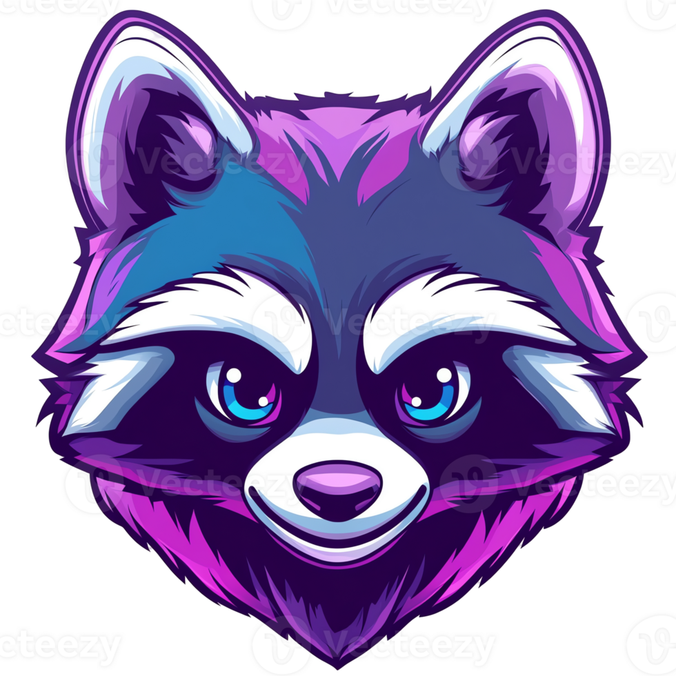 Neon Purple Raccoon Head Vibrant Illustration of a stylized raccoon face, perfect for apparel, gaming, and mascot designs. Features bold colors and a striking, captivating design. png