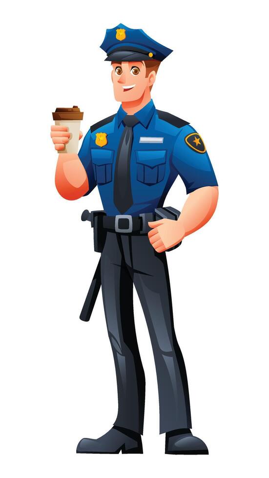 Police officer holding a takeaway coffee cup, taking a moment to relax during his shift. Cartoon character illustration vector