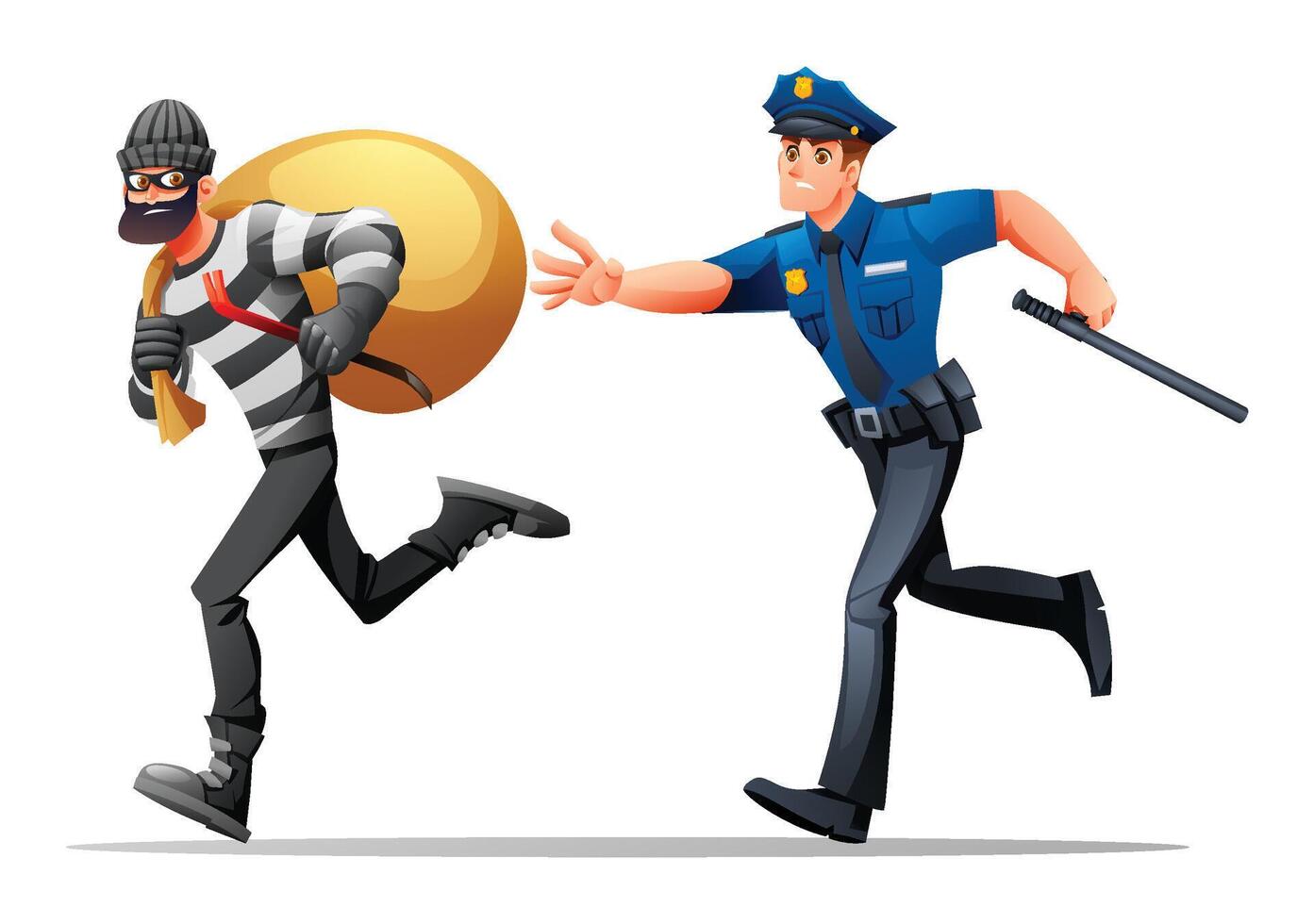 Police officer reaching out to catch a running robber with a bag of stolen goods. Cartoon illustration vector
