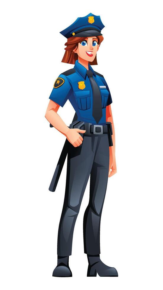 Female police officer standing confidently in her uniform with a hat and badge. Cartoon character illustration vector