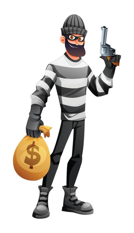 Robber in mask and striped clothes holding a gun and a bag of money. Cartoon character illustration vector