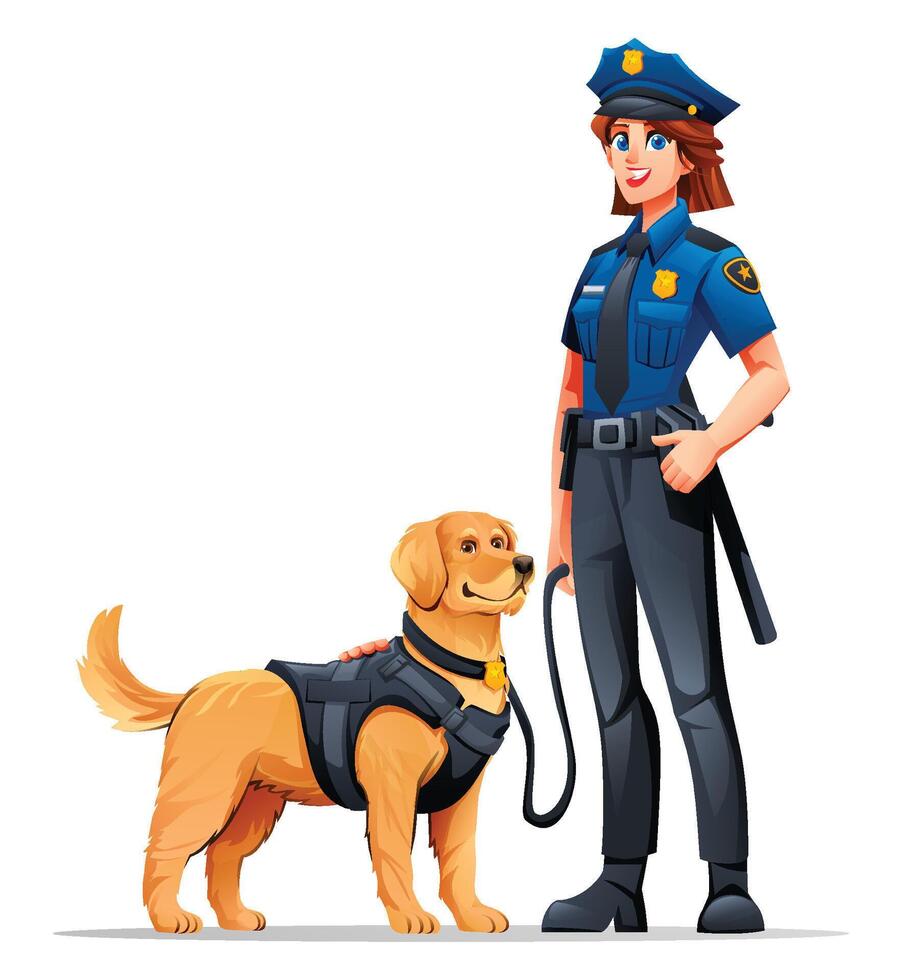 Female police officer with her Golden Retriever K9 partner, ready for public service. Cartoon illustration vector
