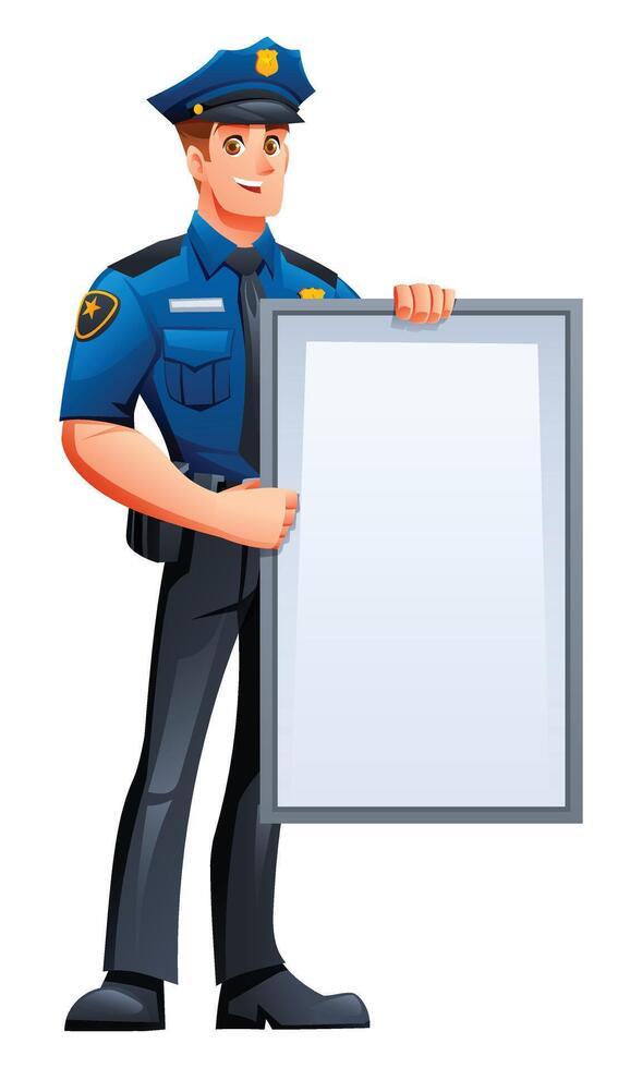 Police officer holding a blank vertical white sign, perfect for announcements or public notices. Cartoon character illustration vector