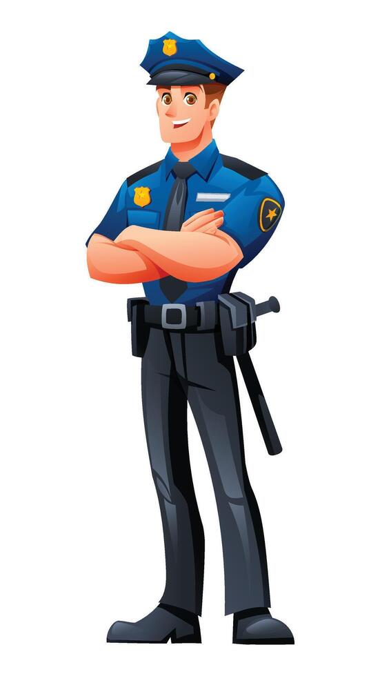 Police officer in uniform with folded arms standing confidently. Cartoon character illustration vector