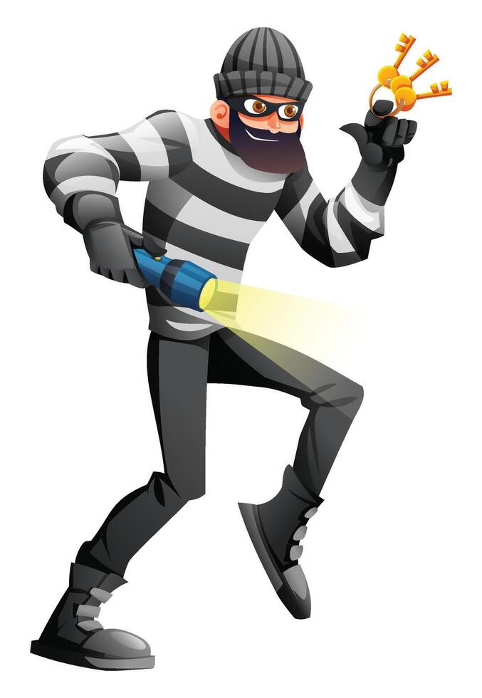 Thief in mask and striped clothes with flashlight and keys, concept of crime and breaking the law. Cartoon character illustration vector