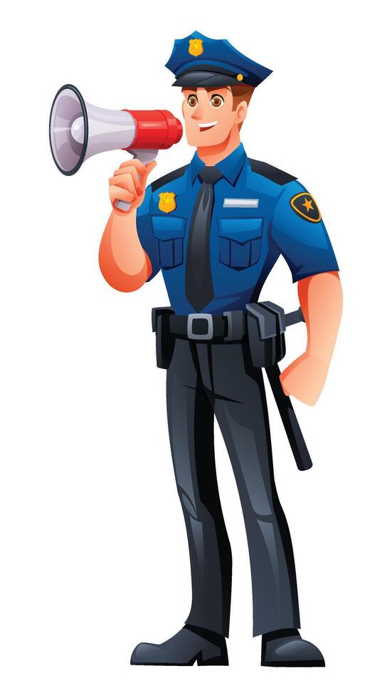 Police officer speaking through megaphone. Cartoon character illustration vector