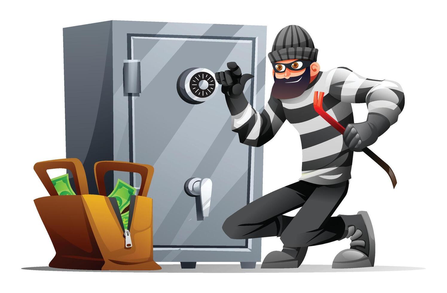 Thief in mask and striped clothes trying to open a safe with a crowbar. Cartoon illustration vector