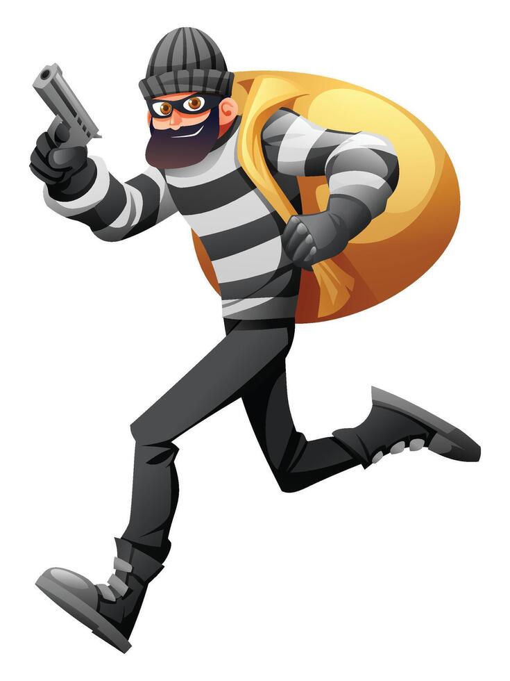 Robber in mask and striped clothes running with a gun and a large sack. Cartoon character illustration vector